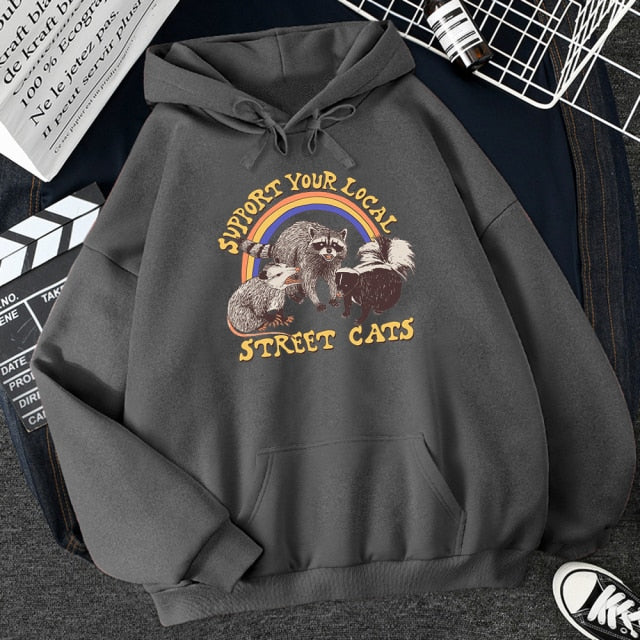 Hulianfu Support Your Local Street Cats Print Women Hoodie Cartoons Crewneck Clothes Vintage Loose Sweatshirt Street Hip Hop Hoody Womens