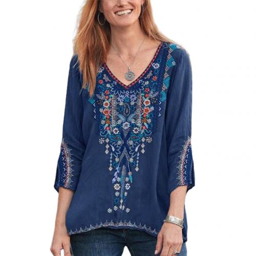 Blouses Women Boho Casual V Neck Long Sleeve Floral Embroidery Blouse Top Loose Shirt ropa de mujer