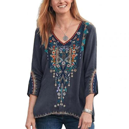 Blouses Women Boho Casual V Neck Long Sleeve Floral Embroidery Blouse Top Loose Shirt ropa de mujer