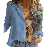 hulianfu  Fashion Retro Portrait Floral Print Women Shirt  Autumn Stitching Button Long Sleeve Cotton Linen Blouses Casual Street Lady Top