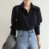 hulianfu Summer New Arrival Women Solid Black Chiffon Blouse Long Sleeve Casual Shirt Women's Korean BF Style Chic Tops Feminina Blusa T0