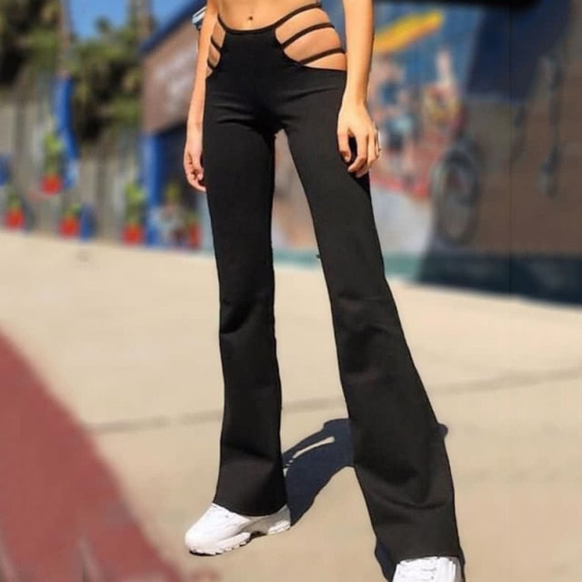 women black sexy cut out pants slim fitness sweat pants hollow out flare trousers streetwear bell bottomed pants