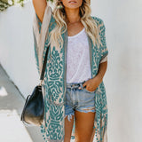 Womens Boho Printed Kimono Beach Cover Up Fashionable Summer Open Front Loose Cardigan Top With Tassel Thin Jumper Tops Holiday