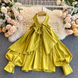 Spring Autumn New Blouse Women Halter Scheming Halter Shirt Bowknot Lapel Puff Sleeve Female Top C031