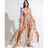 Beach Dress Summer Print Swimwear Women Sexy Cover Up Solid Long Tunic Bubble Sleeve Swimsuit With Belt Bathing Suit