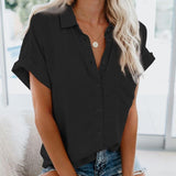 Gentillove Summer Office Lady Solid Tops and Blouses Casual Turn-drow Collar Shirt for Women Elegant Short Sleeve Loose Blouse