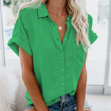 Gentillove Summer Office Lady Solid Tops and Blouses Casual Turn-drow Collar Shirt for Women Elegant Short Sleeve Loose Blouse