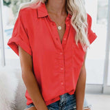 Gentillove Summer Office Lady Solid Tops and Blouses Casual Turn-drow Collar Shirt for Women Elegant Short Sleeve Loose Blouse