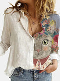 NEW Fashion Stitching Retro Cat Print Long Sleeve Blouse Spring Autumn Lapel Button Casual Top Lady S-3XL Cotton Polyester Shirt