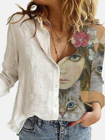 NEW Fashion Stitching Retro Cat Print Long Sleeve Blouse Spring Autumn Lapel Button Casual Top Lady S-3XL Cotton Polyester Shirt