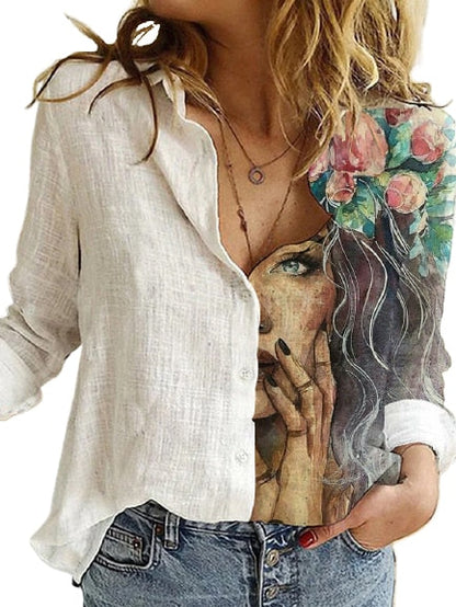 NEW Fashion Stitching Retro Cat Print Long Sleeve Blouse Spring Autumn Lapel Button Casual Top Lady S-3XL Cotton Polyester Shirt