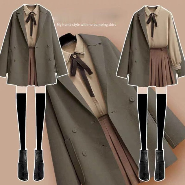 hulianfu Woolen Coat Three-Piece Jacket Blouse Short Skirt Plus Size Women Streetwear Autumn Winter Suit Female Age Reduction Double-Side