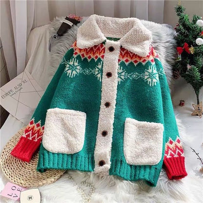 Red Christmas Sweater Cardigan women thickened autumn winter  new loose super fire knitted jacket