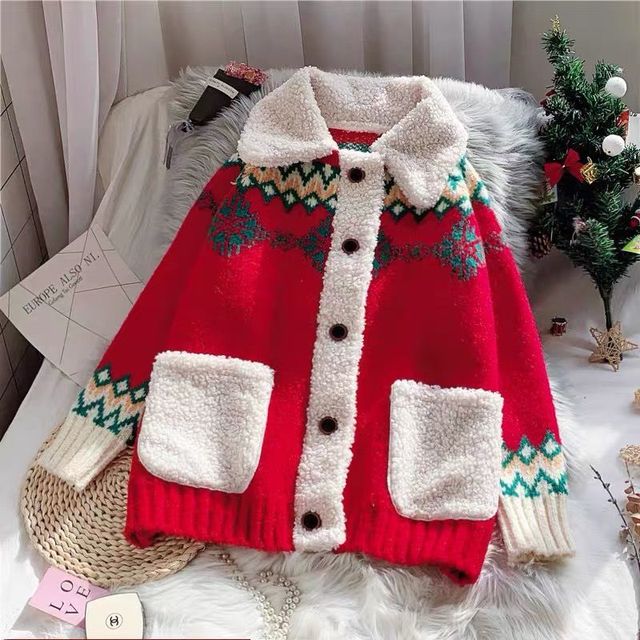 Red Christmas Sweater Cardigan women thickened autumn winter  new loose super fire knitted jacket