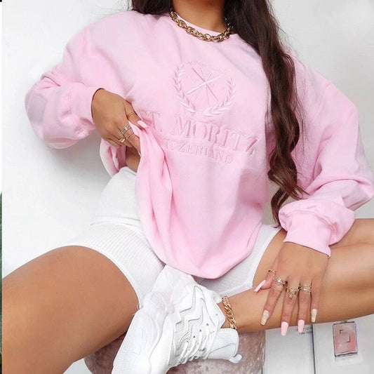 Pink Letter Embroidery Oversized Crewneck Sweatshirt Women Winter Tops Loose Vintage Casual Long Sleeve Streetwear Hip Hop Style