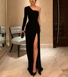 One Shoulder Satin Long Black Mermaid Evening Dresses with Slit Simple Design Abendkleider Robes de Soirée for Women