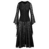 Gothic Hooded Black Halloween Punk Dress Cosplay Women Sexy Lace Goth Long Dress  Victorian Medieval Vintage Steampunk Dress