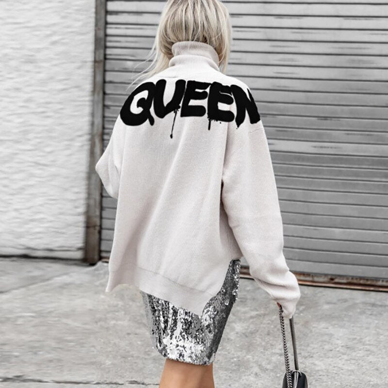 Women Casual Turtleneck Queen Printed Sweatshirt Autumn Long Sleeve Oversize Pullover Tops Streetwear Fashion Side Split Hoodies