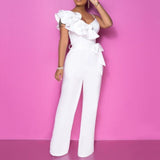 Hulianfu 3XL Formal Evening Party Jumpsuit Women Sexy Overalls White Elegant Fashion Ruffle Long Jumpsuits Wide Leg Pants Plus Size