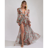 Beach Dress Summer Print Swimwear Women Sexy Cover Up Solid Long Tunic Bubble Sleeve Swimsuit With Belt Bathing Suit