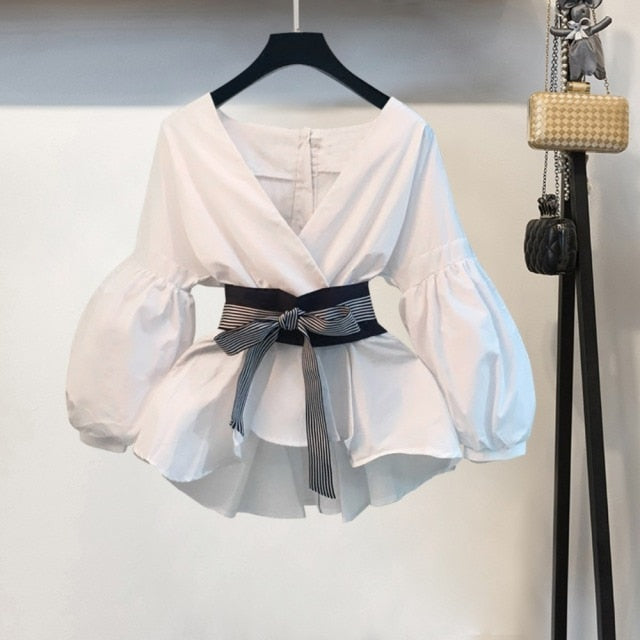 hulianfu Lantern Sleeve Blouse Shirt Women Fashion Korean Style Summer Bow V-neck Striped Shirt Elegant Ladies Tops Female Clothing
