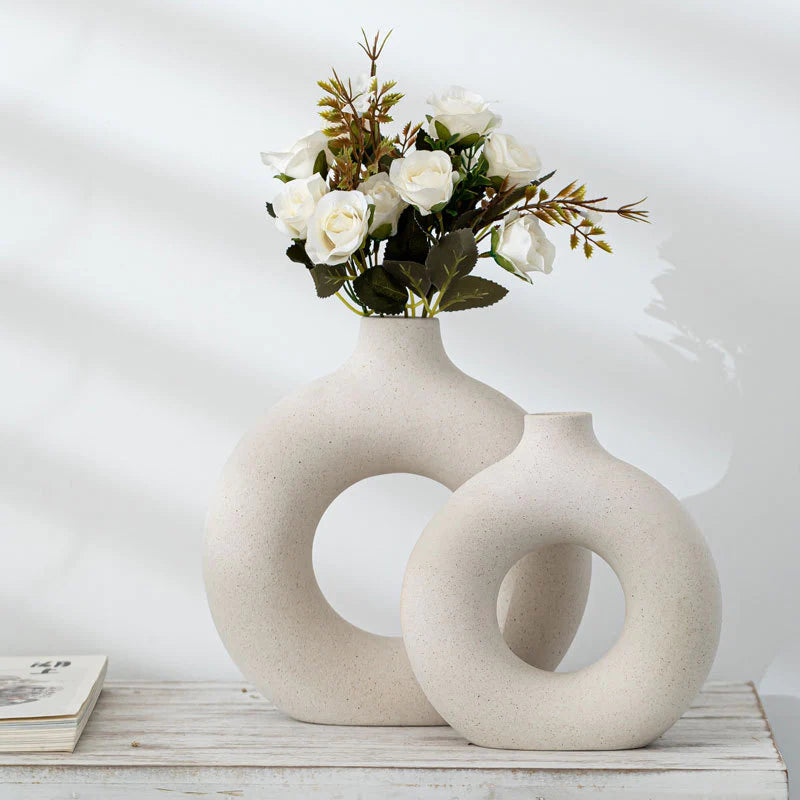 HULIANFU Nordic Circular Hollow Ceramic Vase Donuts Flower Pot Home Decoration Accessories Office Desktop Living Room Interior Decor Gift