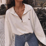 Vintage Women Sweatshirt Autumn Casual Loose Solid White Zip Up Polo Collar Basic Winter Female Oversized Tops Pullover Hoodies