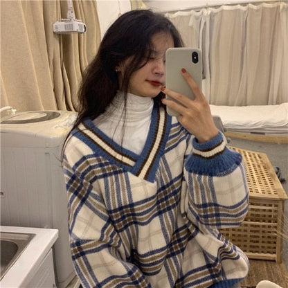 Oversized Hoodie Plaid Pullovers V-Neck Long Sleeve Top Women Loose Korean Fashion Clothing Harajuku Sweatshirt Women Clothing