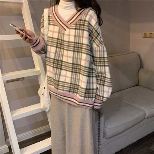 Oversized Hoodie Plaid Pullovers V-Neck Long Sleeve Top Women Loose Korean Fashion Clothing Harajuku Sweatshirt Women Clothing