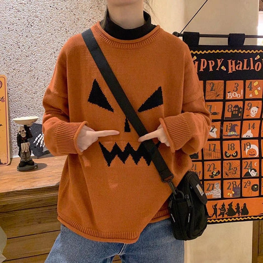 Women's Knitted  Pullover Halloween Vintage Pumpkin Faces Orange Sweater Wholesale  New Fashion Female Winter Clothing