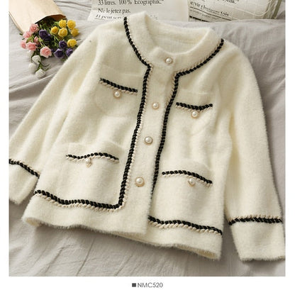 New Mink Cashmere Loose Sweater Cardigan Jacket Women Autumn and Winter Short Bright Silk Stripe Thickened Knitted Top Coat