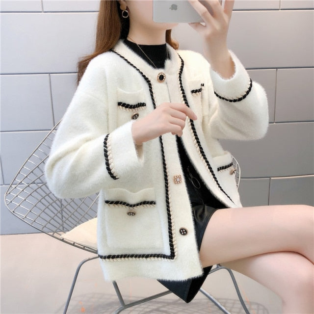 New Mink Cashmere Loose Sweater Cardigan Jacket Women Autumn and Winter Short Bright Silk Stripe Thickened Knitted Top Coat