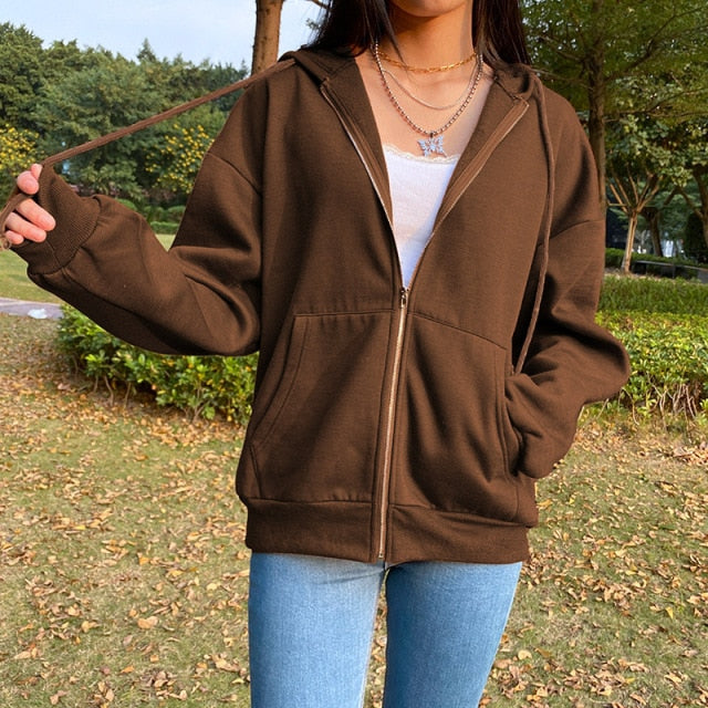 Brown Zip Up Hooded Sweatshirts Women Vintage Pockets Oversized Jacket Coat Autumn Female Y2K Aesthetic Long Sleeve Hoodie
