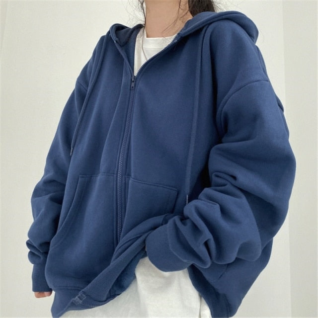 Brown Zip Up Hooded Sweatshirts Women Vintage Pockets Oversized Jacket Coat Autumn Female Y2K Aesthetic Long Sleeve Hoodie