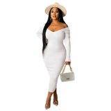 Hulianfu Women Autumn Solid Ribbed Maxi Knitted Dress V Neck Sexy Slim Elastic Basic Long Bodycon Dress Winter Off Shoulder White Dresses