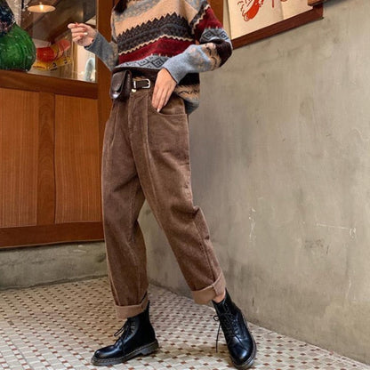 Lucyever Fashion High Waist Corduroy Pants Women Vintage Oversize Wide Leg Trousers Female Casual Loose Streetwear Pants Woman