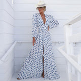 Beach Dress Summer Print Swimwear Women Sexy Cover Up Solid Long Tunic Bubble Sleeve Swimsuit With Belt Bathing Suit