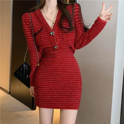 Two Piece Set Temperament Korean Christmas Red Knitted V-Neck Sweater Cardigan And High Waist Bodycon Mini Skirt Casual Fashion