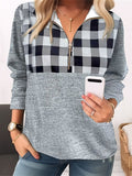 Women's Sweatshirt Pullover Streetwear Quarter Zip Gray Plaid Casual V Neck Long Sleeve Top Micro-elastic Fall & Winter